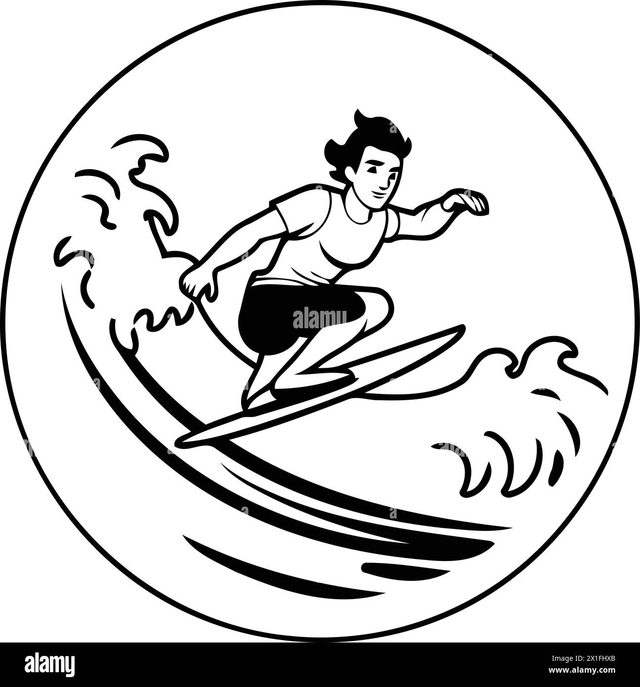 Illustration vectorielle d'un surfeur chevauchant une planche de surf sur les vagues Illustration de Vecteur