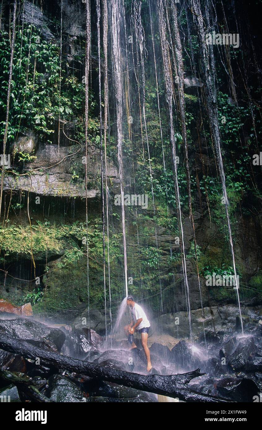 Man under Waterfall, rivière Alas, parc national du Mont Leuser, Sumatra, Indonésie Banque D'Images
