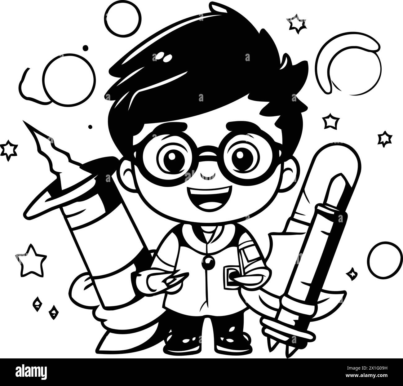 Garçon de dessin animé mignon tenant une fusée et un pétard. Illustration vectorielle. Illustration de Vecteur