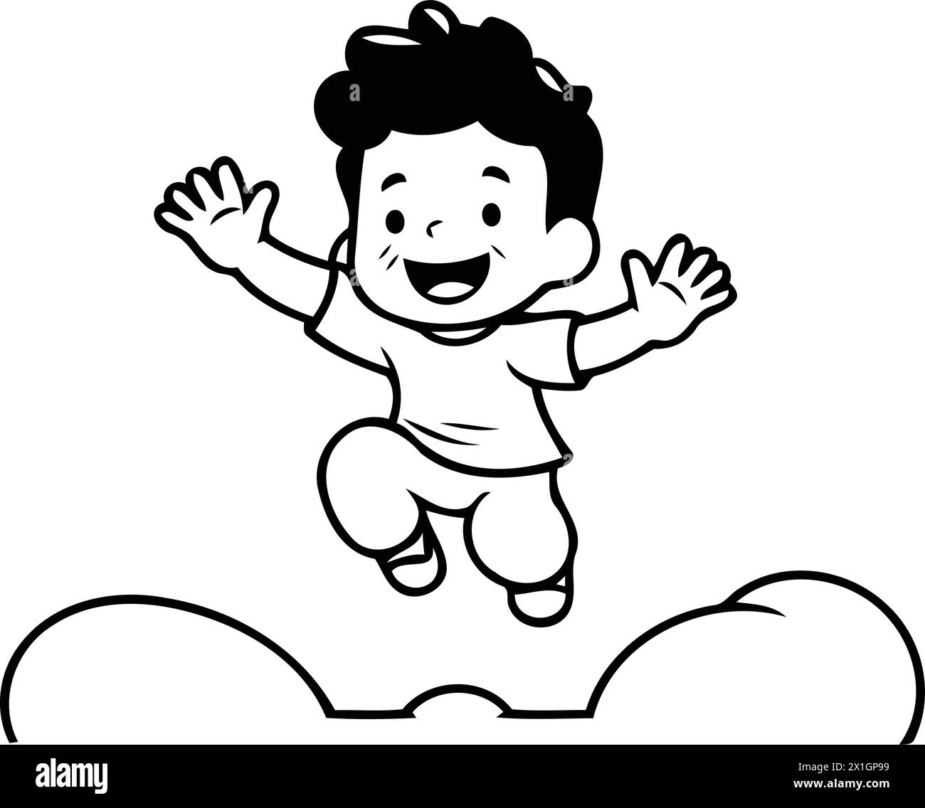 Mignon petit garçon sautant sur le nuage. Illustration vectorielle de dessin animé. Illustration de Vecteur