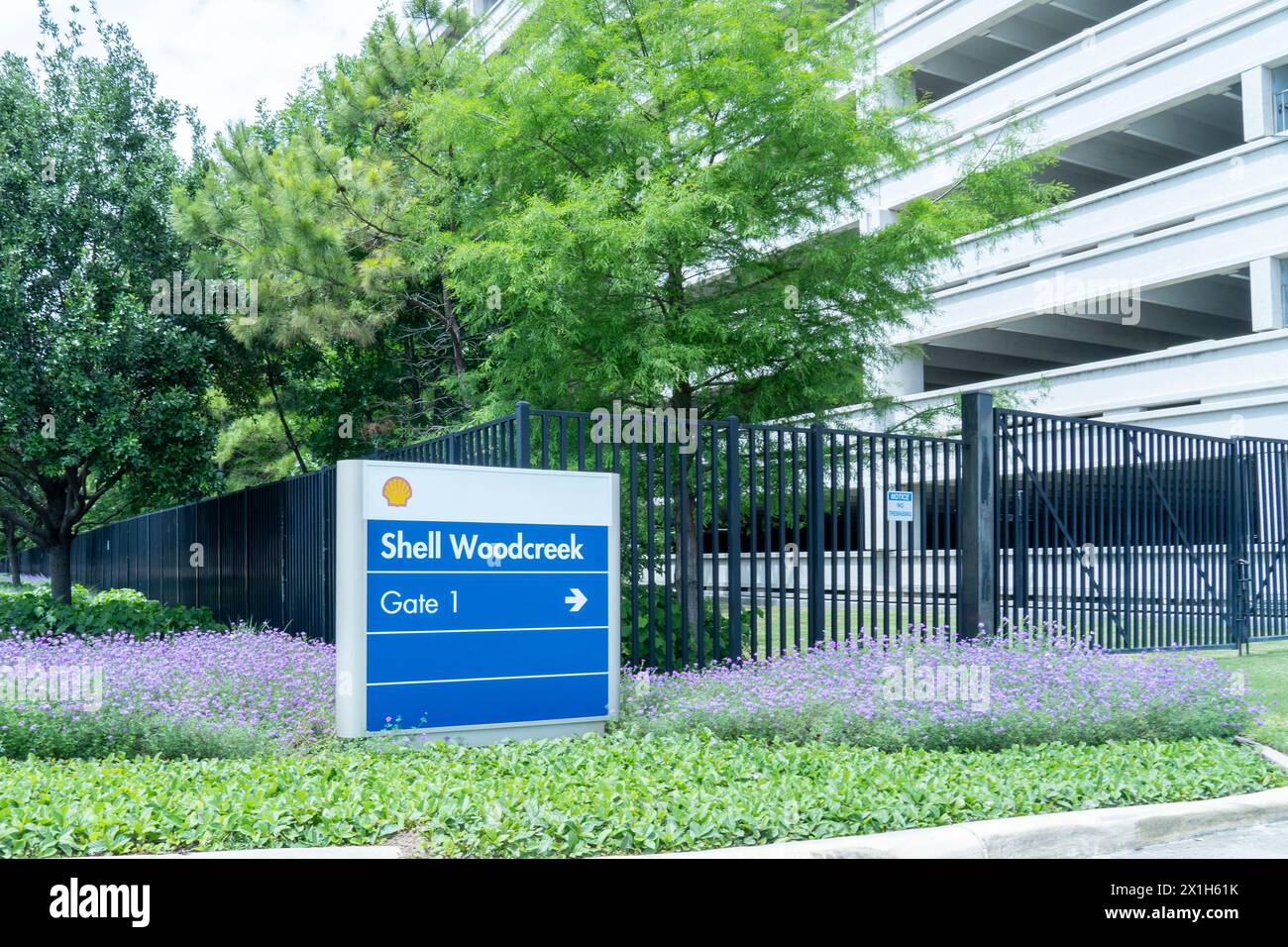 Un panneau au complexe Woodcreek de Shell à Houston, Texas, États-Unis. Banque D'Images