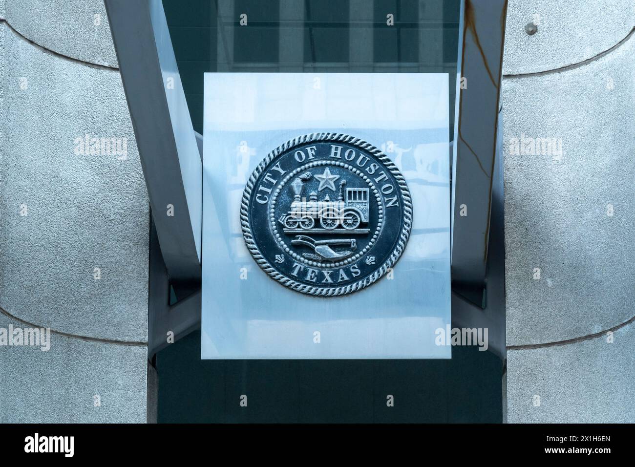 Sceau de la ville de Houston sur l'immeuble de bureaux du gouvernement à Houston, Texas, États-Unis. Banque D'Images