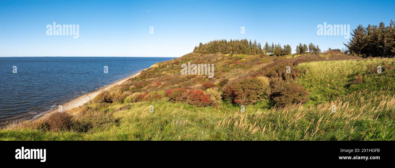 Vue d'automne sur les falaises de la côte ouest, le littoral et les collines couvertes sur l'île de Livø, Limfjord, Nordjylland, Danemark Banque D'Images
