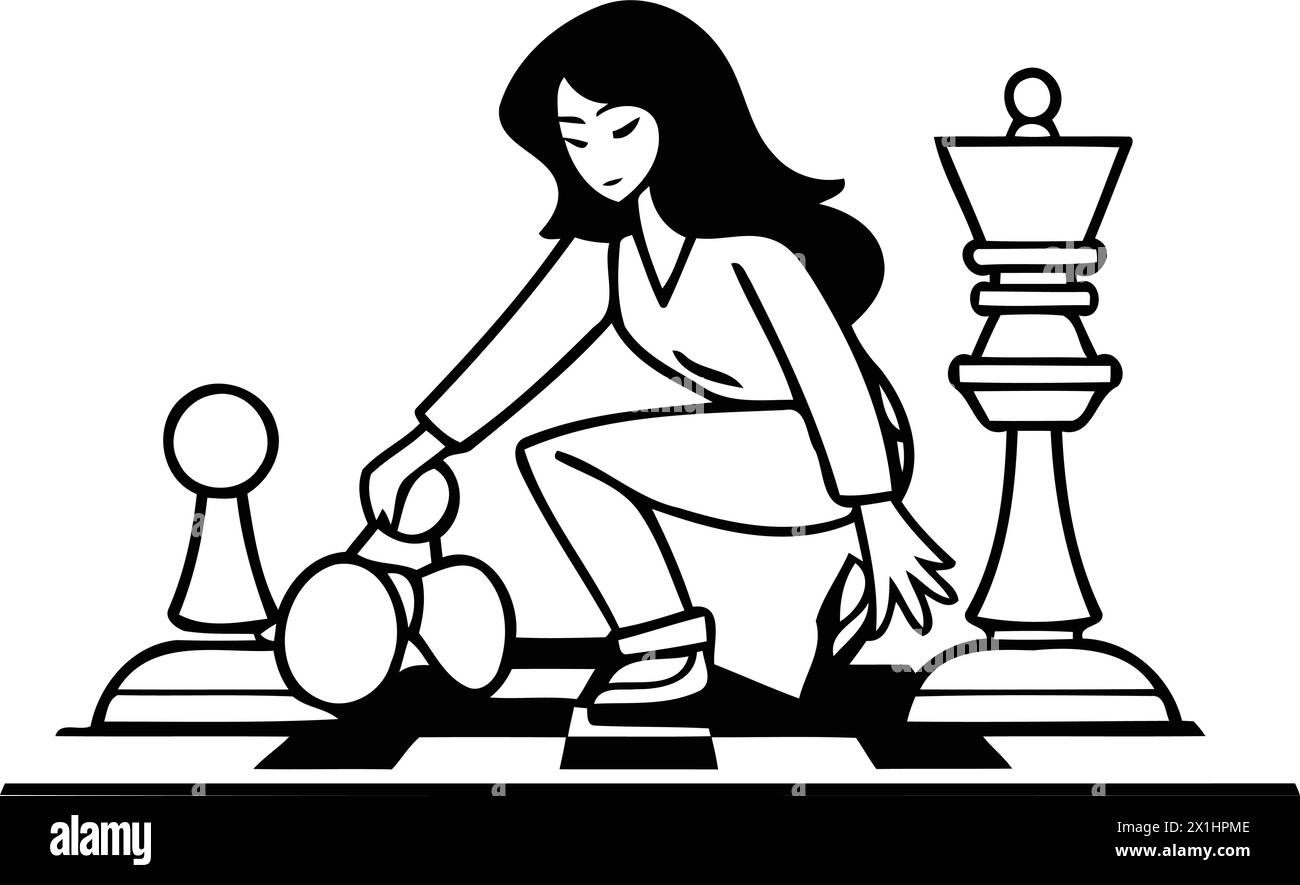 Jeu d'échecs. Femme jouant aux échecs. Illustration vectorielle dans le style de dessin animé Illustration de Vecteur