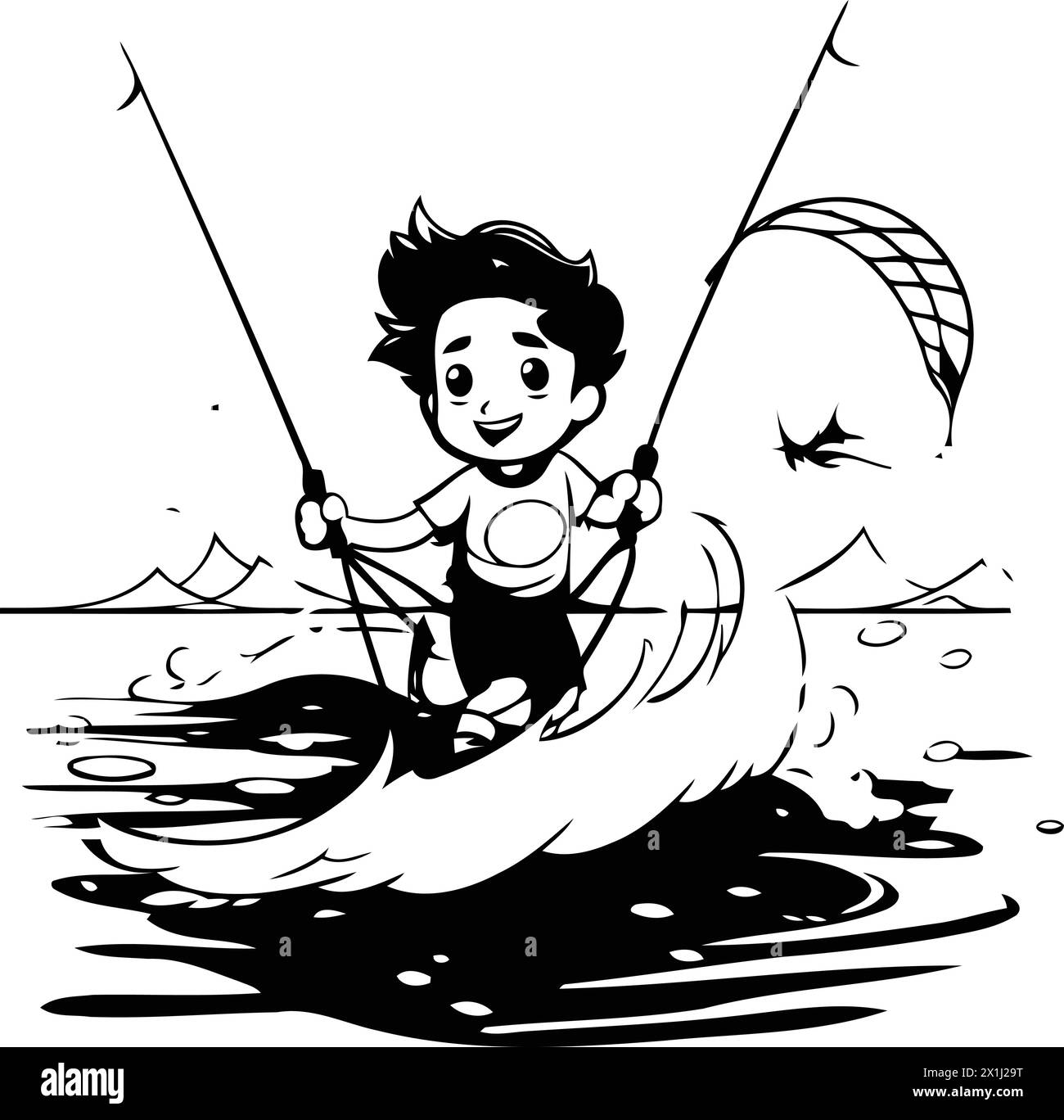 Garçon kitesurf sur la mer. Illustration vectorielle de dessin animé. Illustration de Vecteur