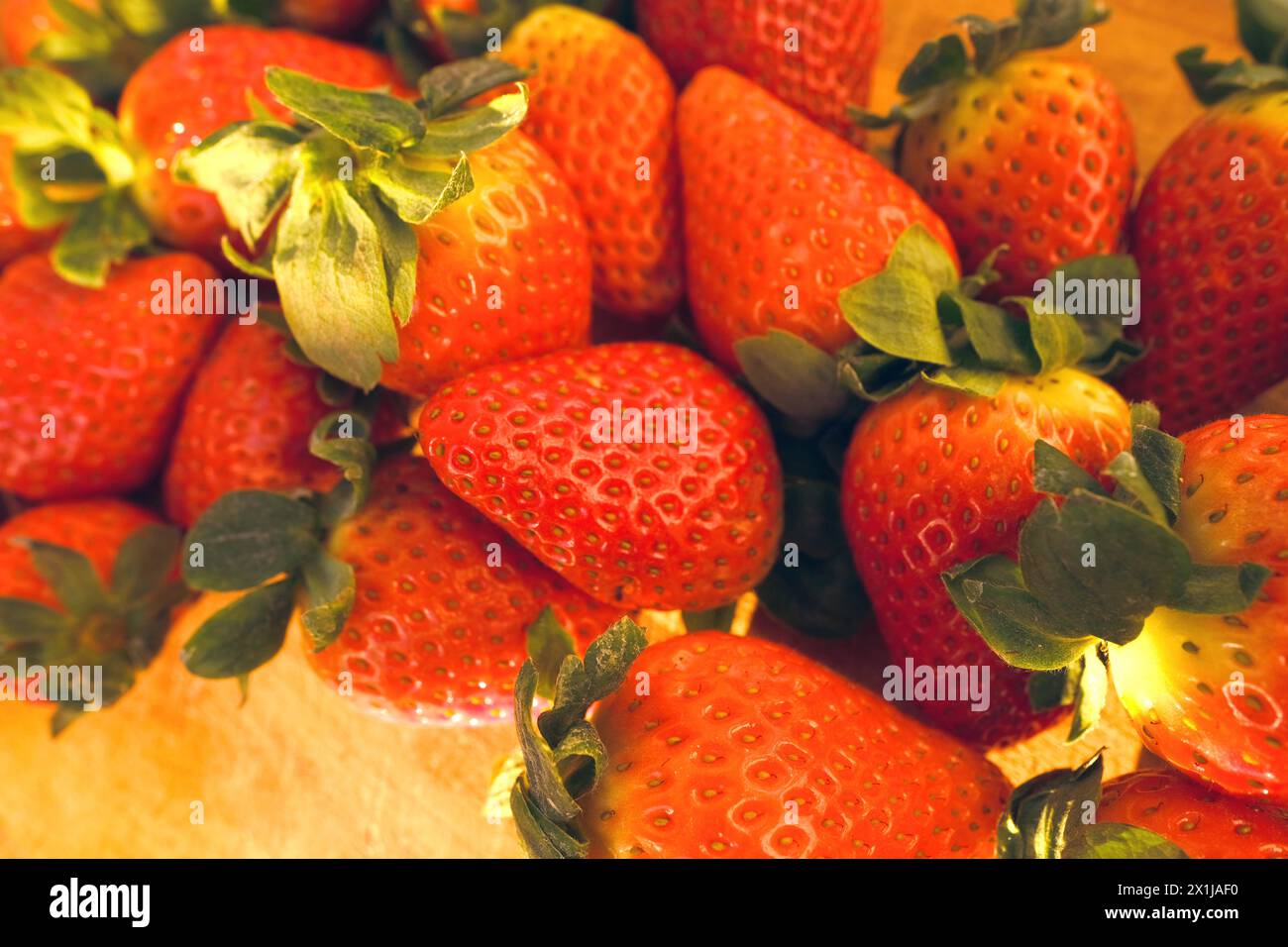 Appétissante fraises fraîches rouges mûres, Fragaria, sur planche de bois, rayons lumineux du soleil, fruits juteux de vitamine frais, concept riche de jardinage de récolte, ve Banque D'Images