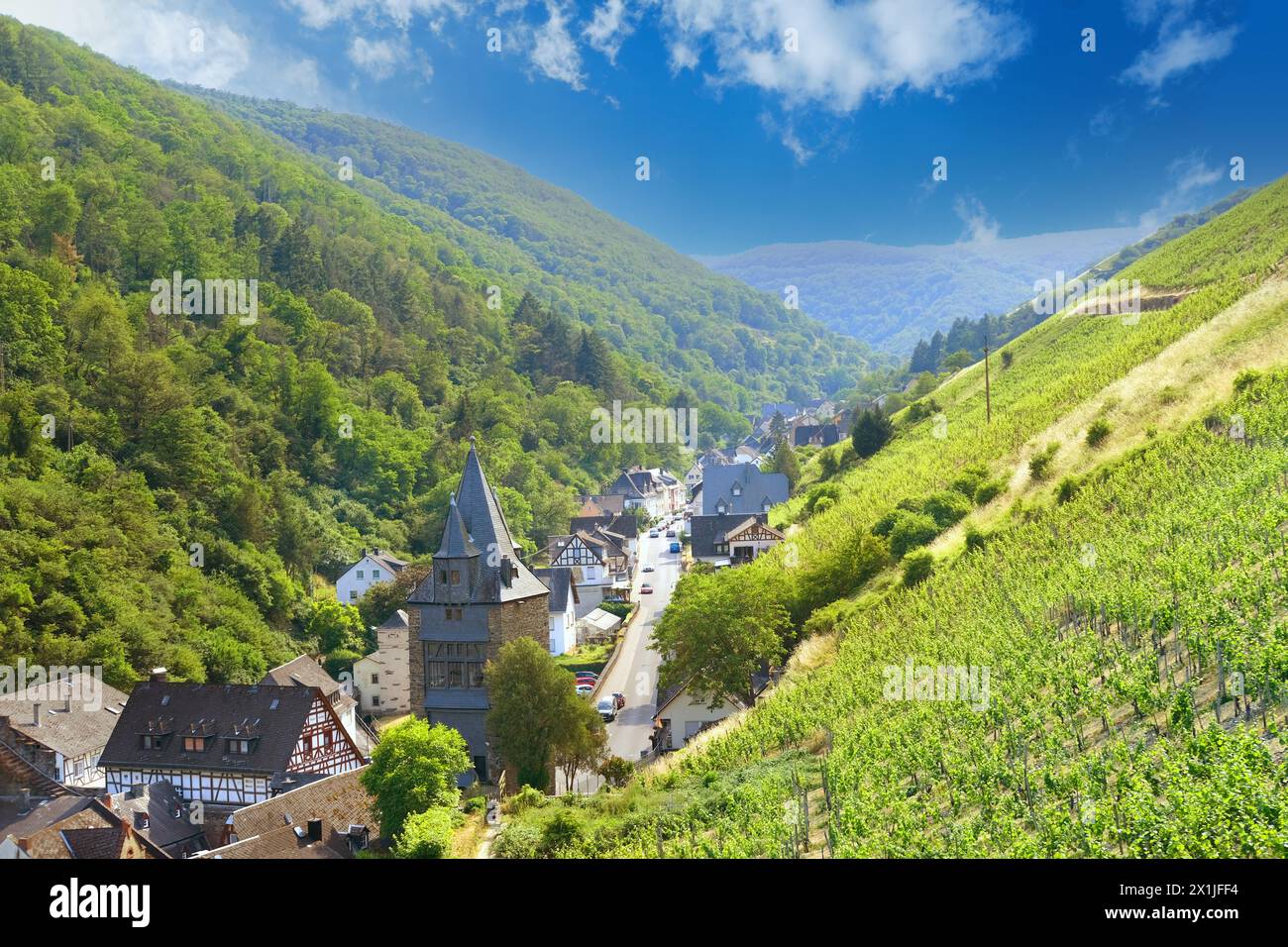 Route étroite dans la gorge parmi les vieilles maisons, tours de guet et vignobles dans la vallée du Rhin moyen au-dessus de la ville de Bacharach dans le district de Mayence-Bingen en Rhénanie- Banque D'Images