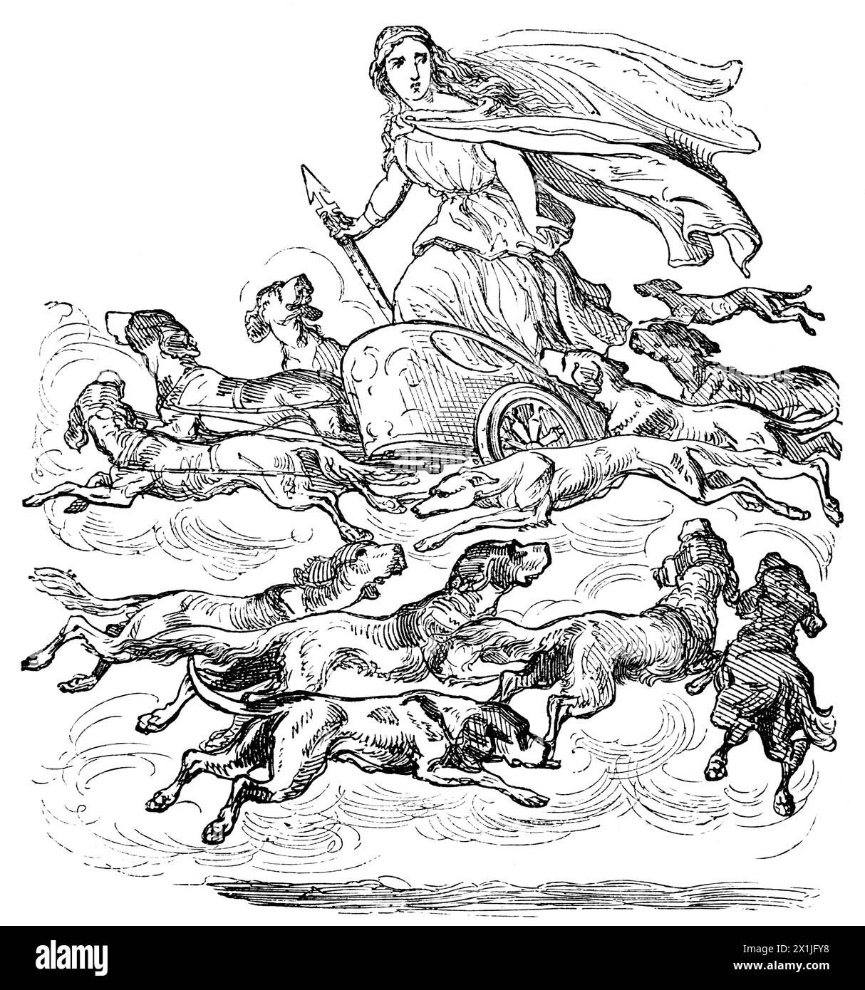 Frigga, mère des Dieux, dirigeant un char, mythologie nordique, illustration historique 1880 Banque D'Images