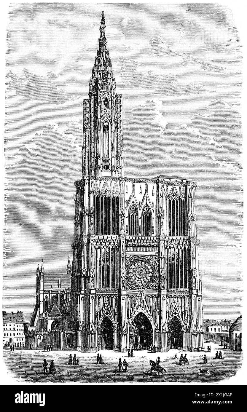 Cathédrale de Strasbourg ou cathédrale notre-Dame de Strasbourg au XVe siècle, Patrimoine de l'UNESCO, Elsace, France, illustration historique 1880 Banque D'Images