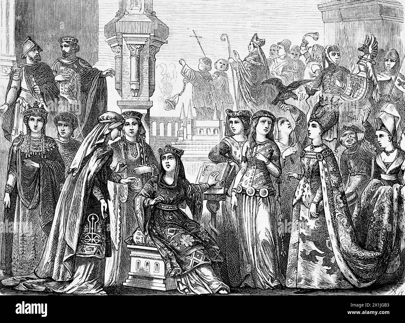 Costumes du XIe siècle, et du XIIe au XIVe siècle dans le margraviat de Brandebourg, illustration historique 1880 Banque D'Images