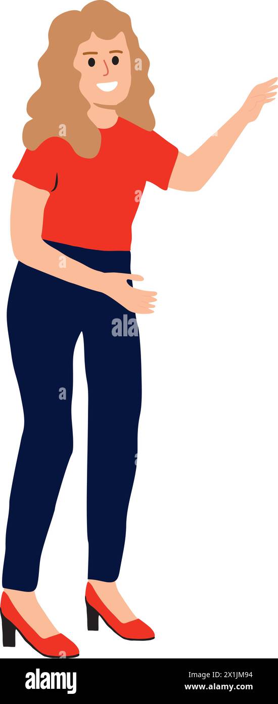 Une femme aux cheveux bruns vêtue de rouge et bleu avec une main levée sur un fond blanc Illustration de Vecteur