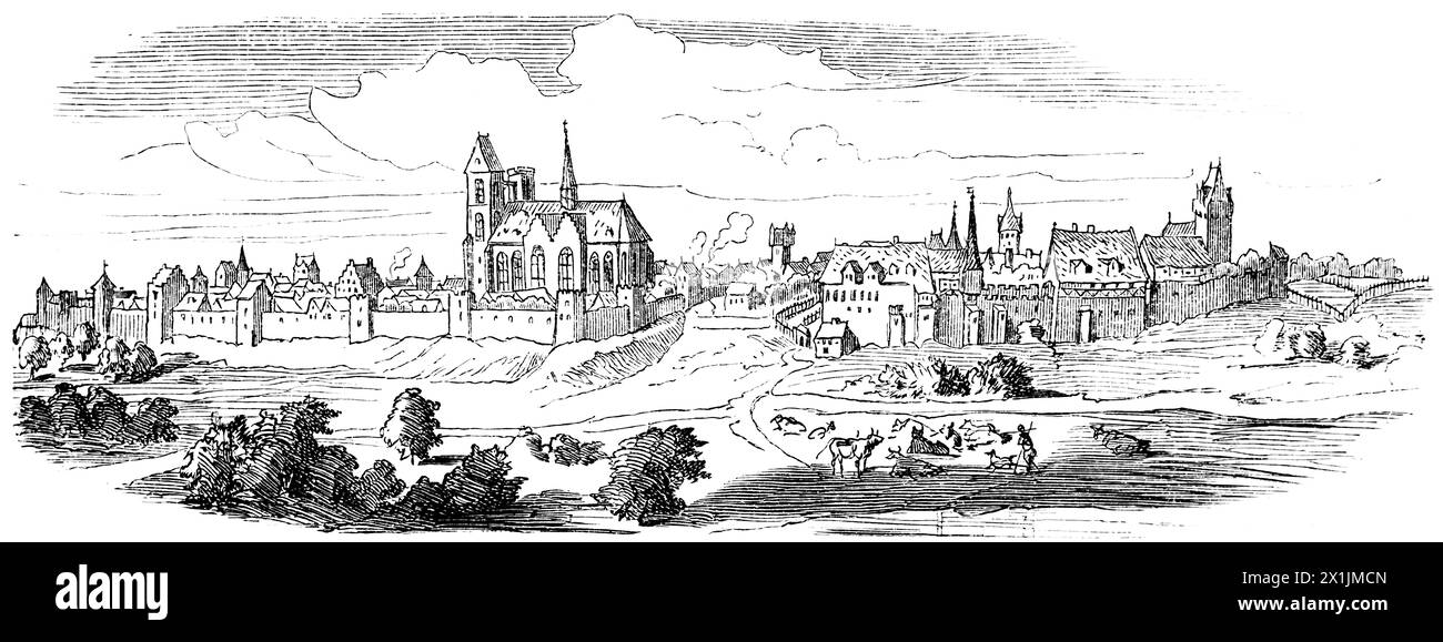 Paysage urbain de Tangermünde sur l'Elbe, ancien membre de la ligue hanséatique, ancienne ville commerçante, illustration historique 1880 Banque D'Images