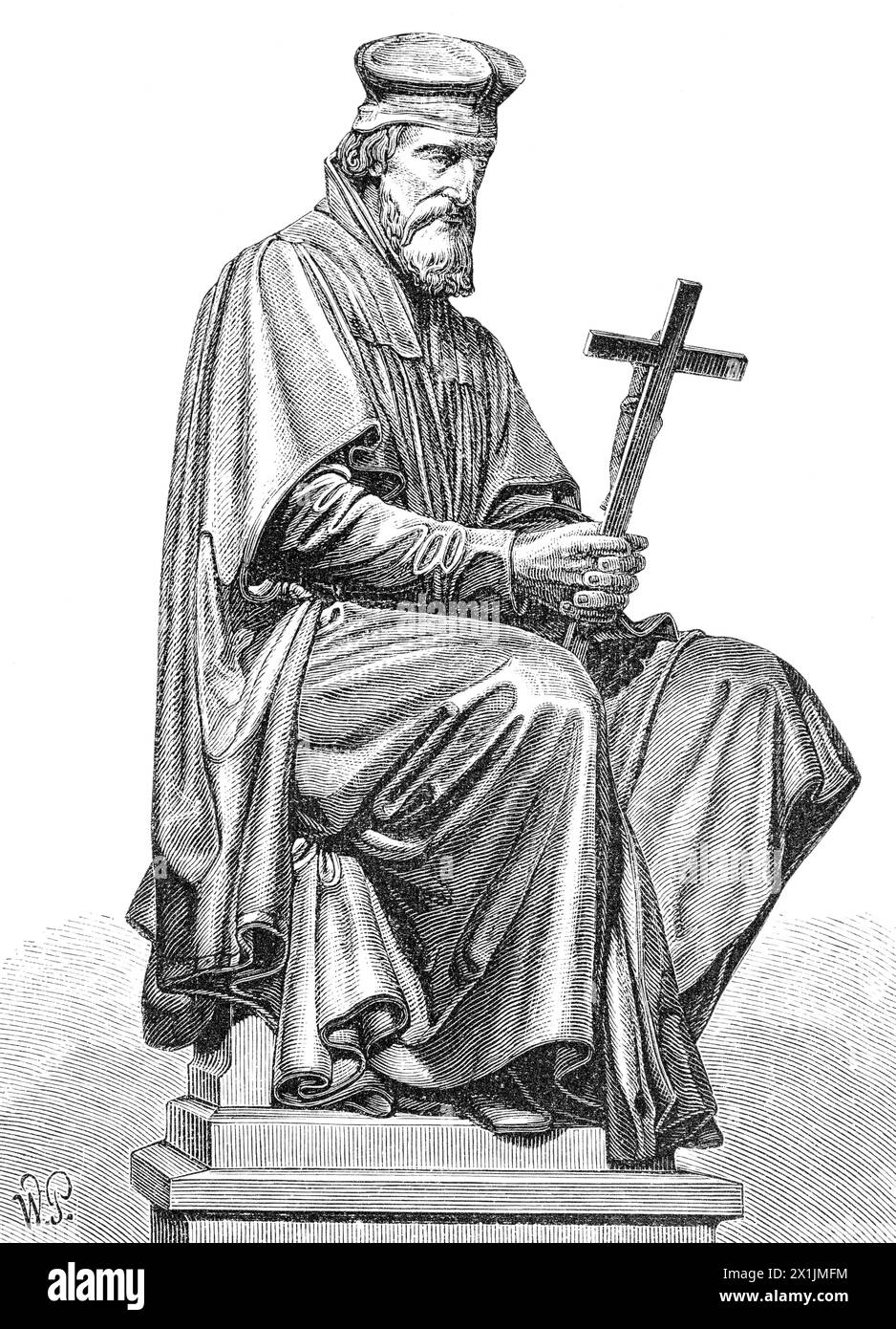 Statue du théologien tchèque Johann Huss, Monument Luther à Worms, illustration historique 1880 Banque D'Images
