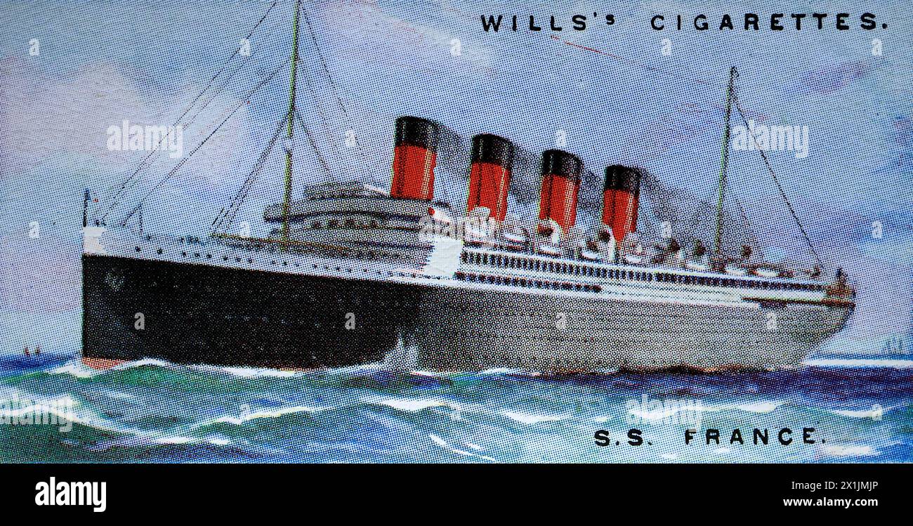 S.S. France, un paquebot français à charbon qui exploitait des services passagers entre Havre, Plymouth et New York. Une des cinquante cartes à cigarettes produites en 1924 sous le titre Merchant Ships of the World. Produit par W.D. et H.O. Wills de Bristol et Londres, une filiale de Imperial Tobacco Company of Great Britain and Ireland Limited. Banque D'Images