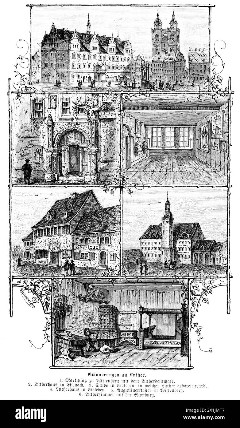 Remise en état Martin Luther, de haut en bas, place du marché Wittenberg, Eisenach, lieu de naissance Eisleben, sa chambre sur Wartburg, illustration historique 1880 Banque D'Images