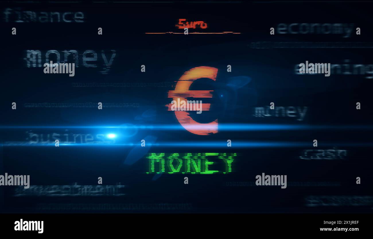Devise dollar euro yen poud yuan symbole concept de technologie. Signe abstrait sur les écrans de glitch illustration 3D. Banque D'Images