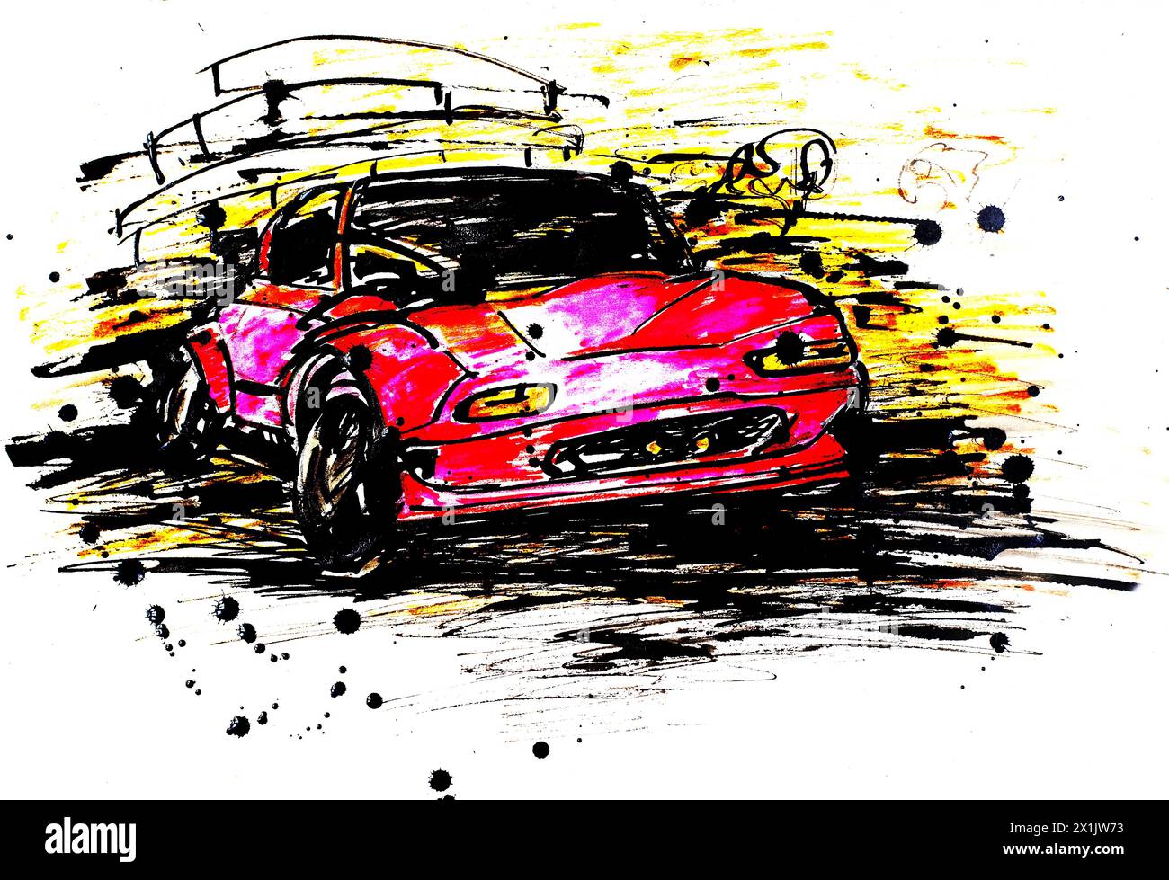 illustration à l'encre d'aquarelle dessinée à la main d'une voiture de vitesse rouge. Imprimer sur un T-shirt, vêtements, etc Banque D'Images