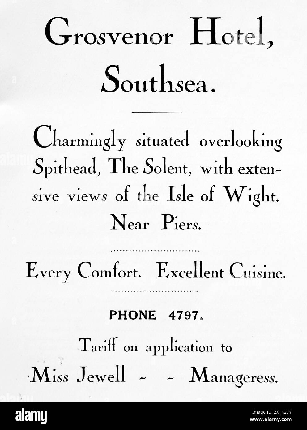 Publicité pour l'hôtel Grosvenor, Southsea. Situé dans un cadre charmant surplombant Spithead, le Solent, avec une vue imprenable sur l'île de Wight. Initialement imprimé et publié pour la Portsmouth and Southsea Improvement Association, c1924. Banque D'Images