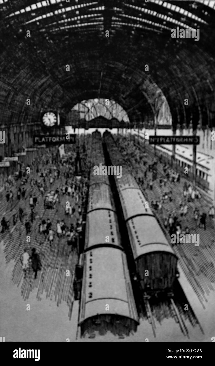 Trains et quais à la gare de Paddington par E. Margaret Holman. D'après une série d'illustrations de la campagne anglaise, publiées pour la première fois en 1924 par Great Western Railways. Banque D'Images