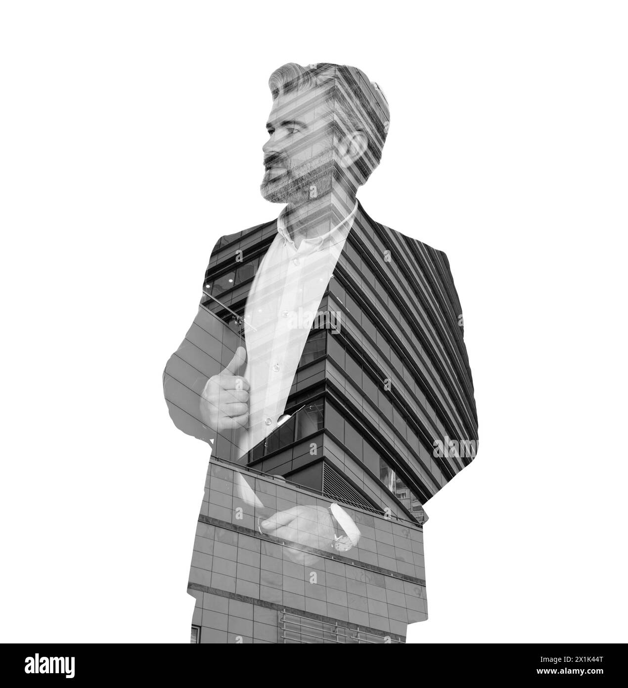 Double exposition de l'homme d'affaires et du bâtiment de bureau Banque D'Images