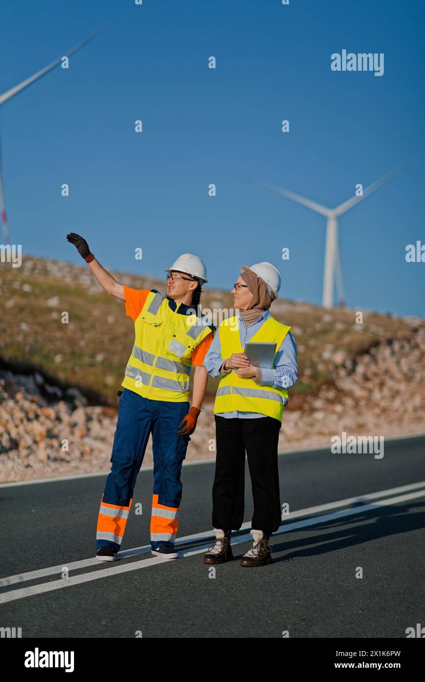 Une ingénieure avec une tablette et son collègue inspectent les éoliennes dans un champ, démontrant le travail d’équipe et le dévouement aux projets d’énergie renouvelable Banque D'Images