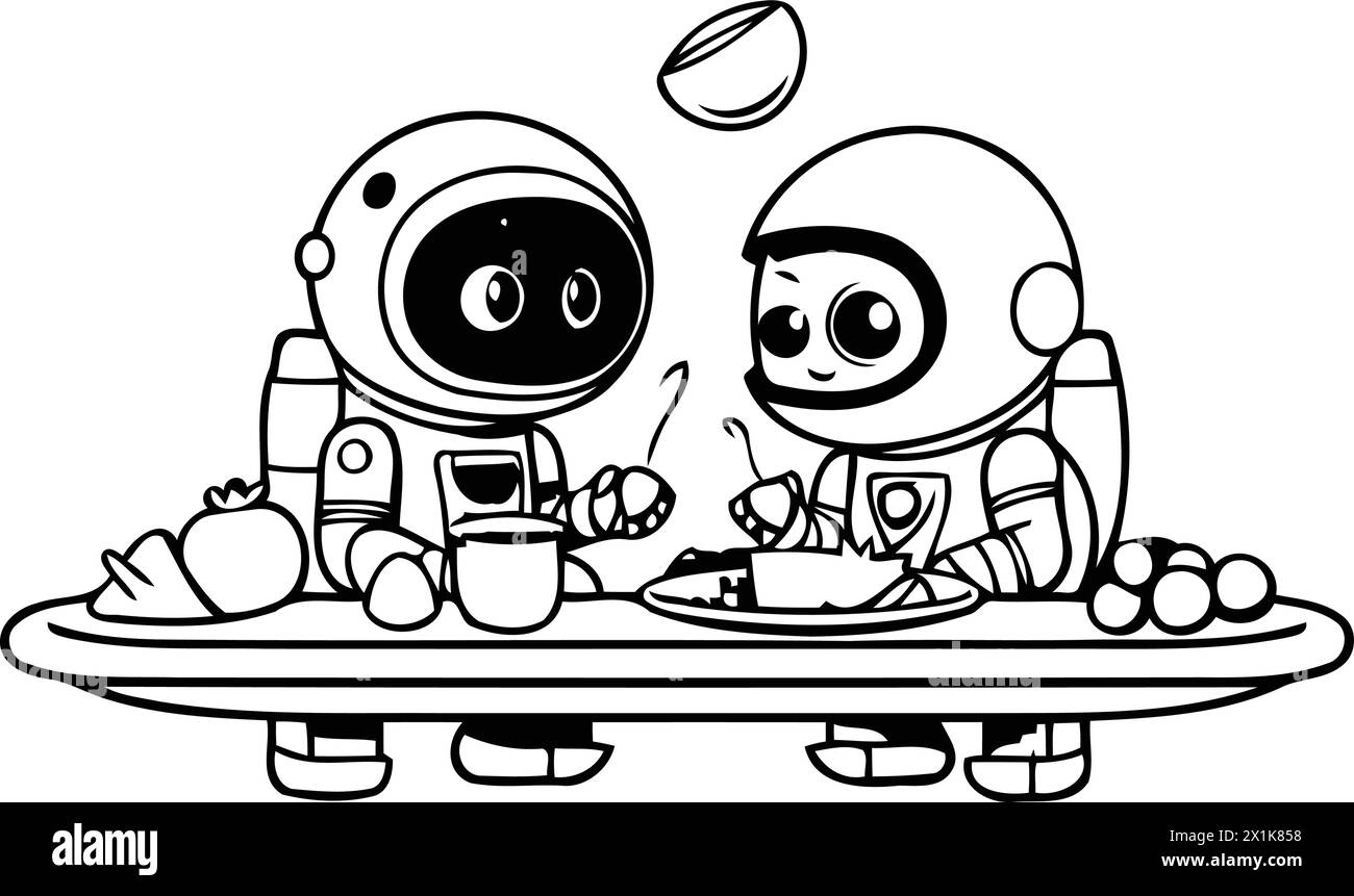 Astronaute et cosmonaute avec de la nourriture. Illustration vectorielle. Illustration de Vecteur