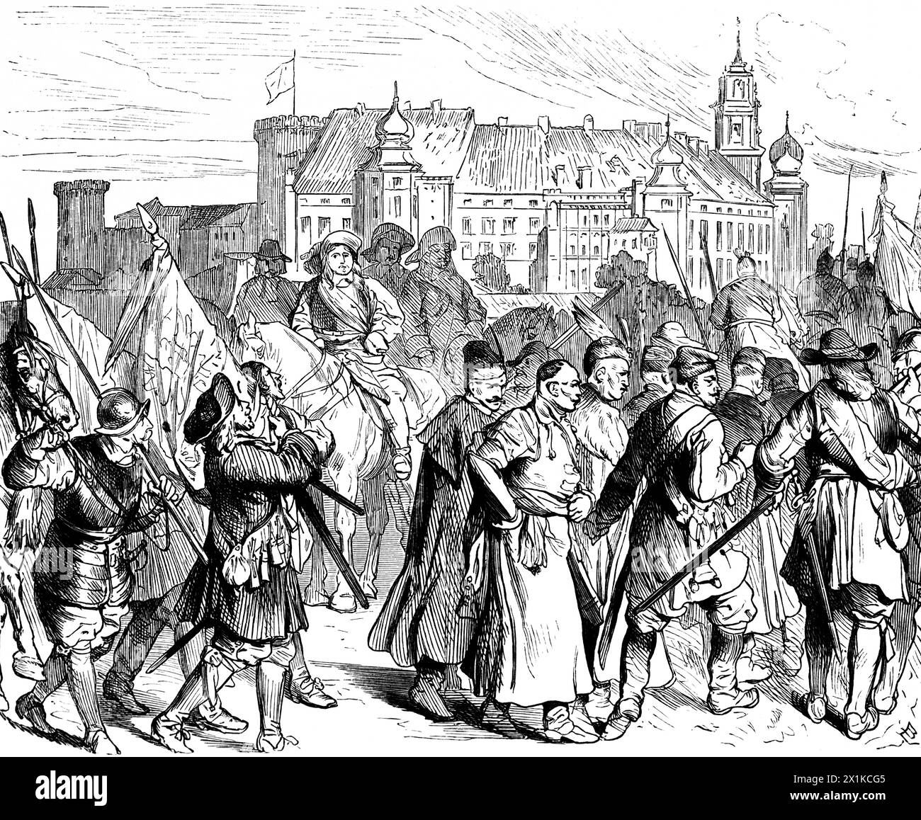 Guerre suédoise - polonaise, roi suédois Karl X Gustav dans la Pologne conquise, défaite de la Pologne, illustration historique 1880 Banque D'Images