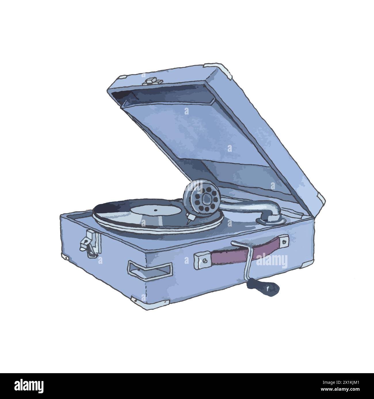 Gramophone portable vintage - illustration dessinée à la main numérisée sur fond transparent Banque D'Images