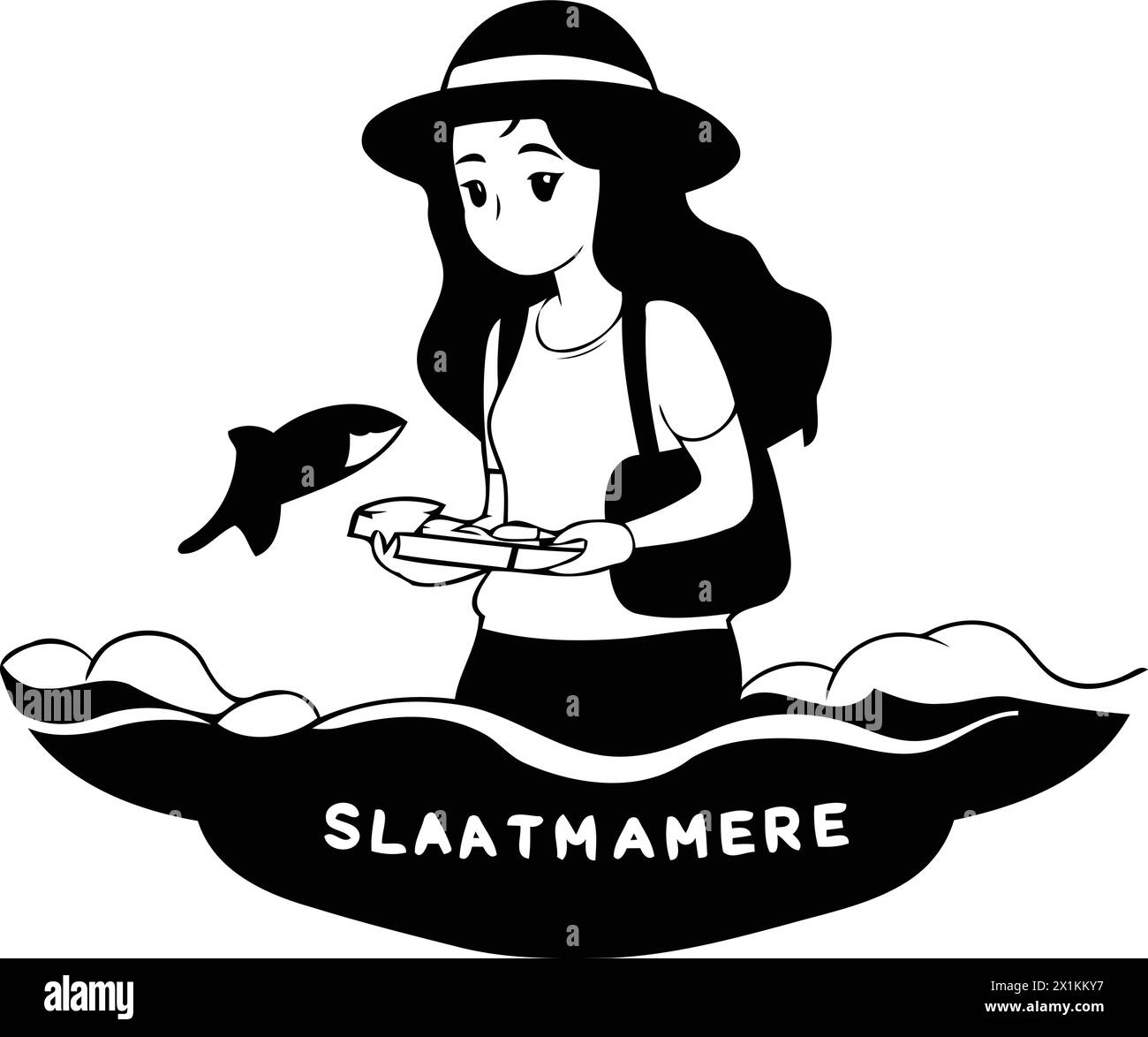Illustration vectorielle d'une fille dans un chapeau avec un poisson dans ses mains. Illustration de Vecteur