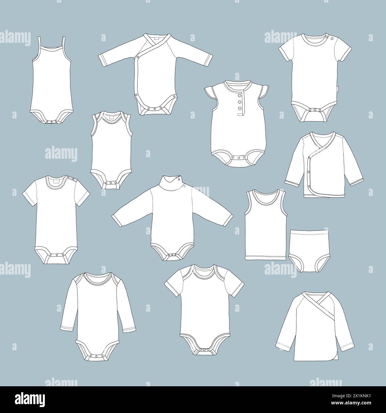 Kit de lavage pour bébé - illustration dessinée à la main numérisée sur un fond bleu-gris Banque D'Images