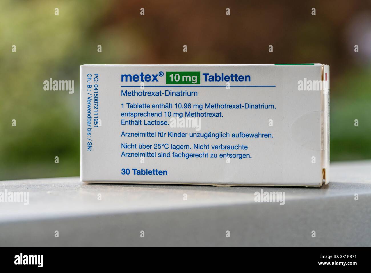 Une boîte de méthotrexate (Metex) 10mg comprimés - médicament pour traiter la leucémie ainsi que la polyarthrite rhumatoïde, Allemagne, Europe Banque D'Images