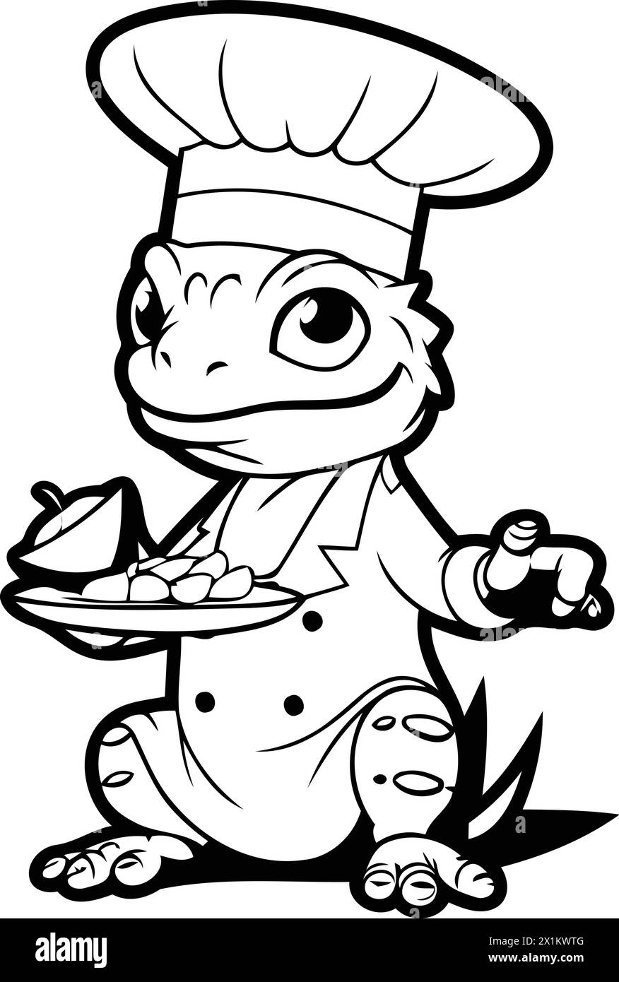 Personnage de dessin animé de chef de grenouille avec de la nourriture dans sa main. Illustration vectorielle. Illustration de Vecteur