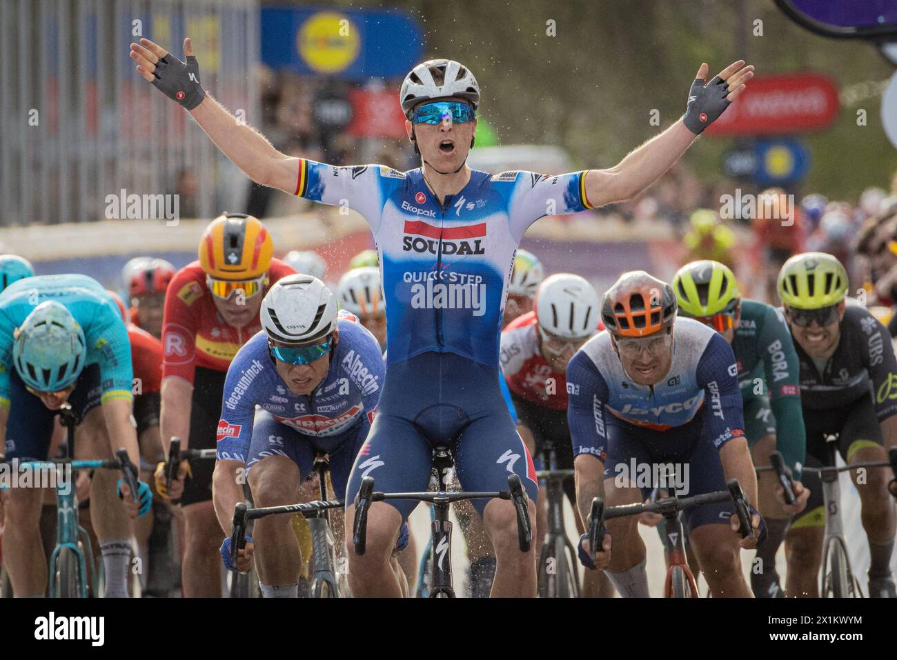 ZScheldeprijs, Belgique. Soudal Quick - Tim Merlier de Step célèbre sa victoire à Scheldeprijs après avoir battu Jasper Philipsen et Dylan Groenewegen au classement Banque D'Images