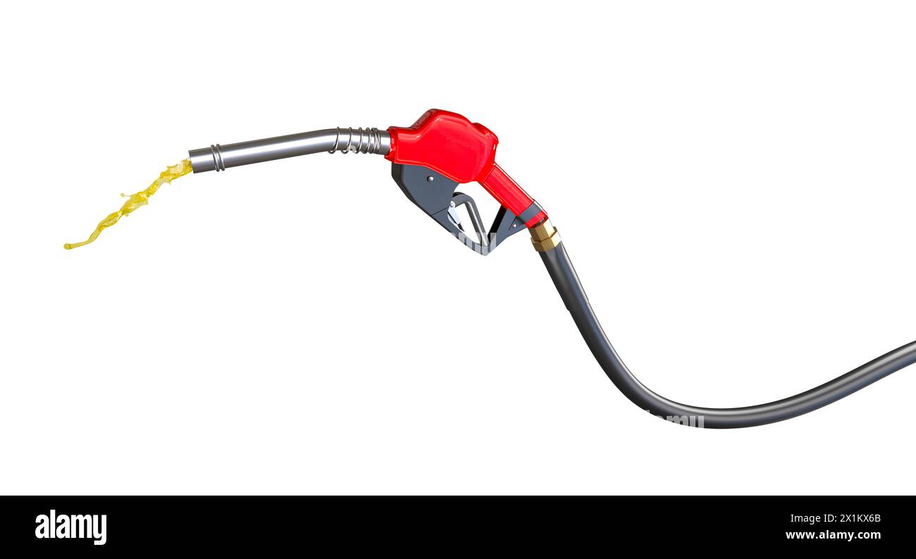 illustration 3d d'une buse de pompe à gaz rouge avec du carburant se déversant, isolé sur blanc Banque D'Images