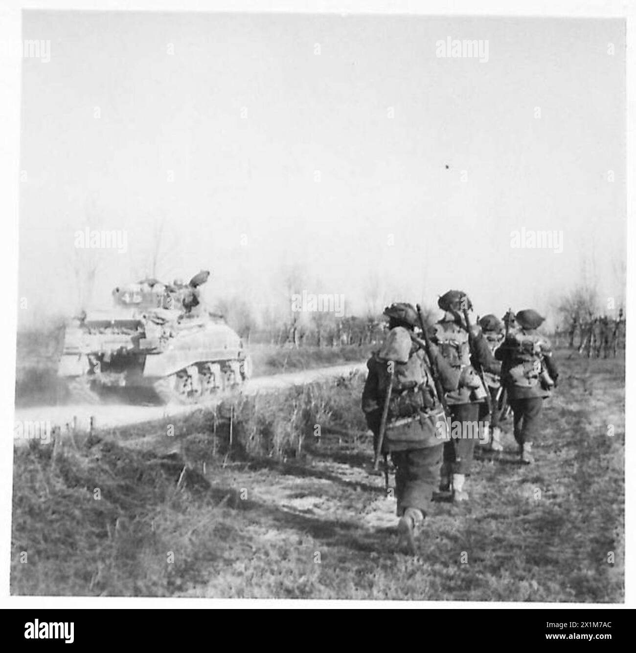 Les fantassins de l'armée britannique, soutenus par des chars Sherman, avancent au nord-est de Faenza lors d'opérations en Afrique du Nord, en Sicile, en Italie, dans les Balkans et en Autriche entre 1942 et 1946. Banque D'Images