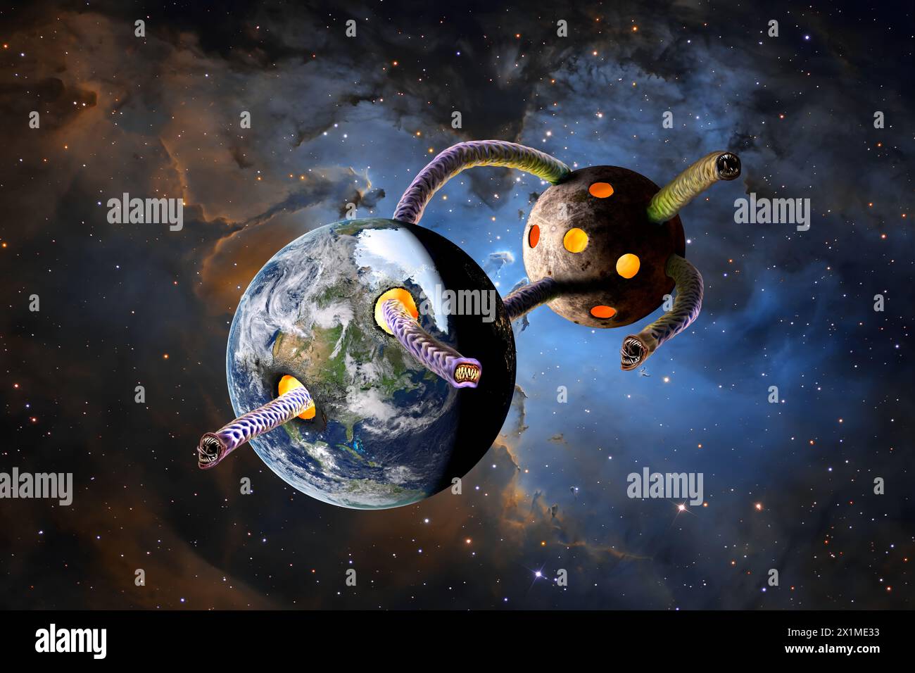 Une représentation de science-fiction d'un énorme Hydra Léviathan de l'espace attaquant la Terre en mâchant dans la planète. Banque D'Images