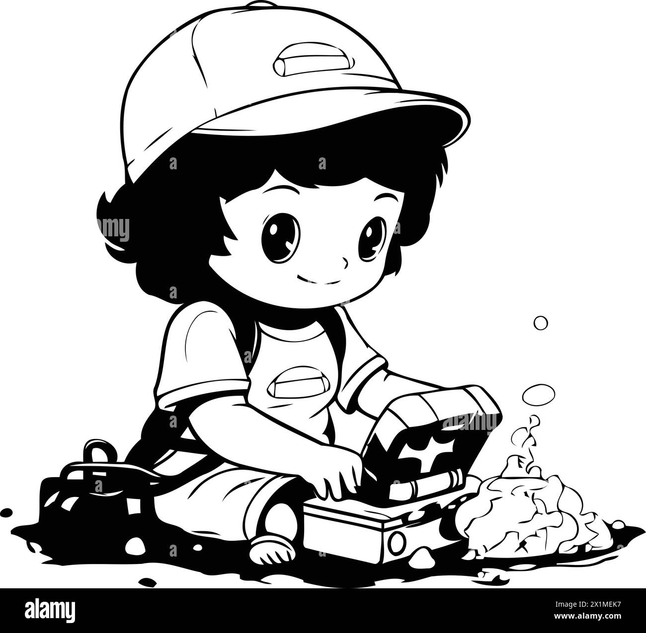 Petit garçon jouant avec un coffre au trésor. Illustration vectorielle dans le style de dessin animé. Illustration de Vecteur