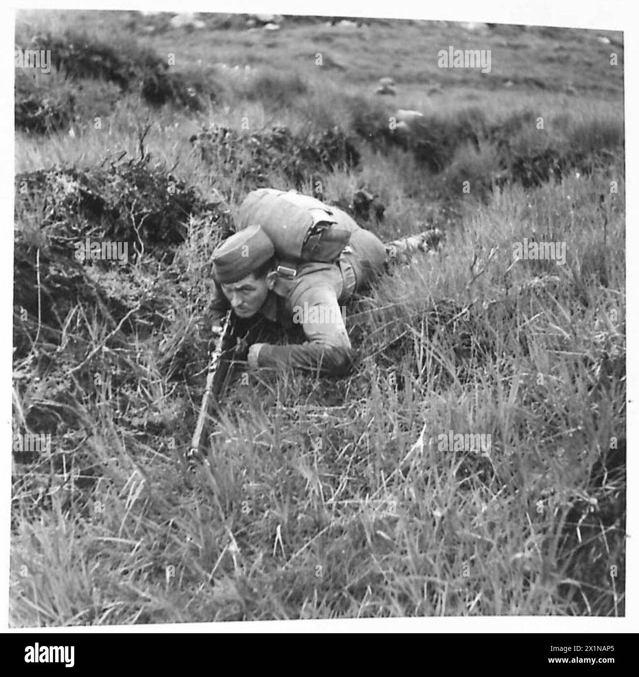 Les commandos français suivent un entraînement de terrain dans un dépôt de commando, pratiquant la dissimulation personnelle et la furtivité pour approcher et neutraliser les points forts ennemis pendant les exercices, selon les procédures de l'armée britannique. Banque D'Images