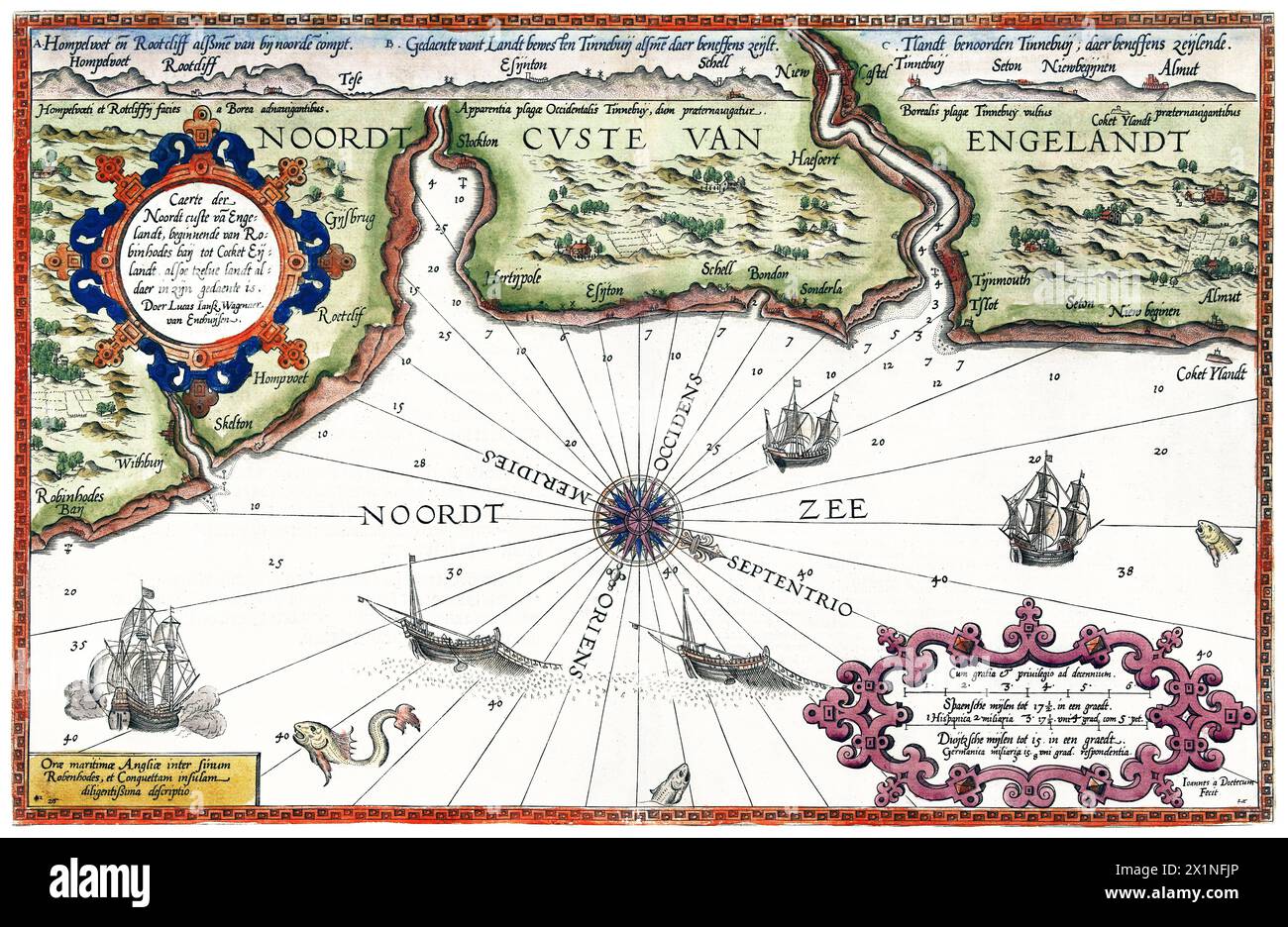 Kaart van de noordkust van Engeland bij Newcastle upon Tyne (1580-1583) de Joannes van Doetechum (I). Original du Rijksmuseum. Banque D'Images