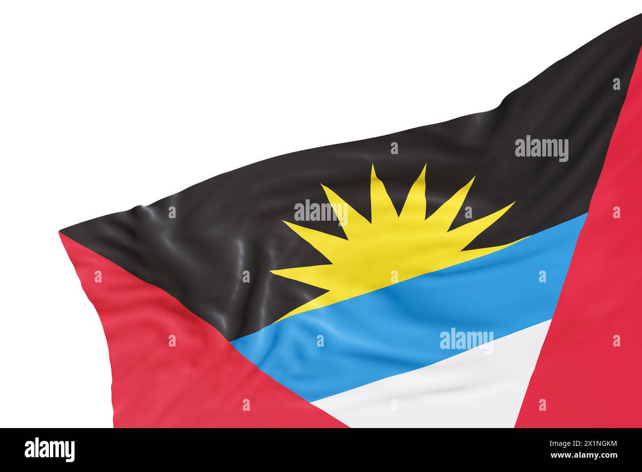 Drapeau réaliste d'Antigua-et-Barbuda avec des plis, isolé sur fond blanc. Pied de page, élément de conception de coin. Découpe. Parfait pour les thèmes patriotiques Banque D'Images