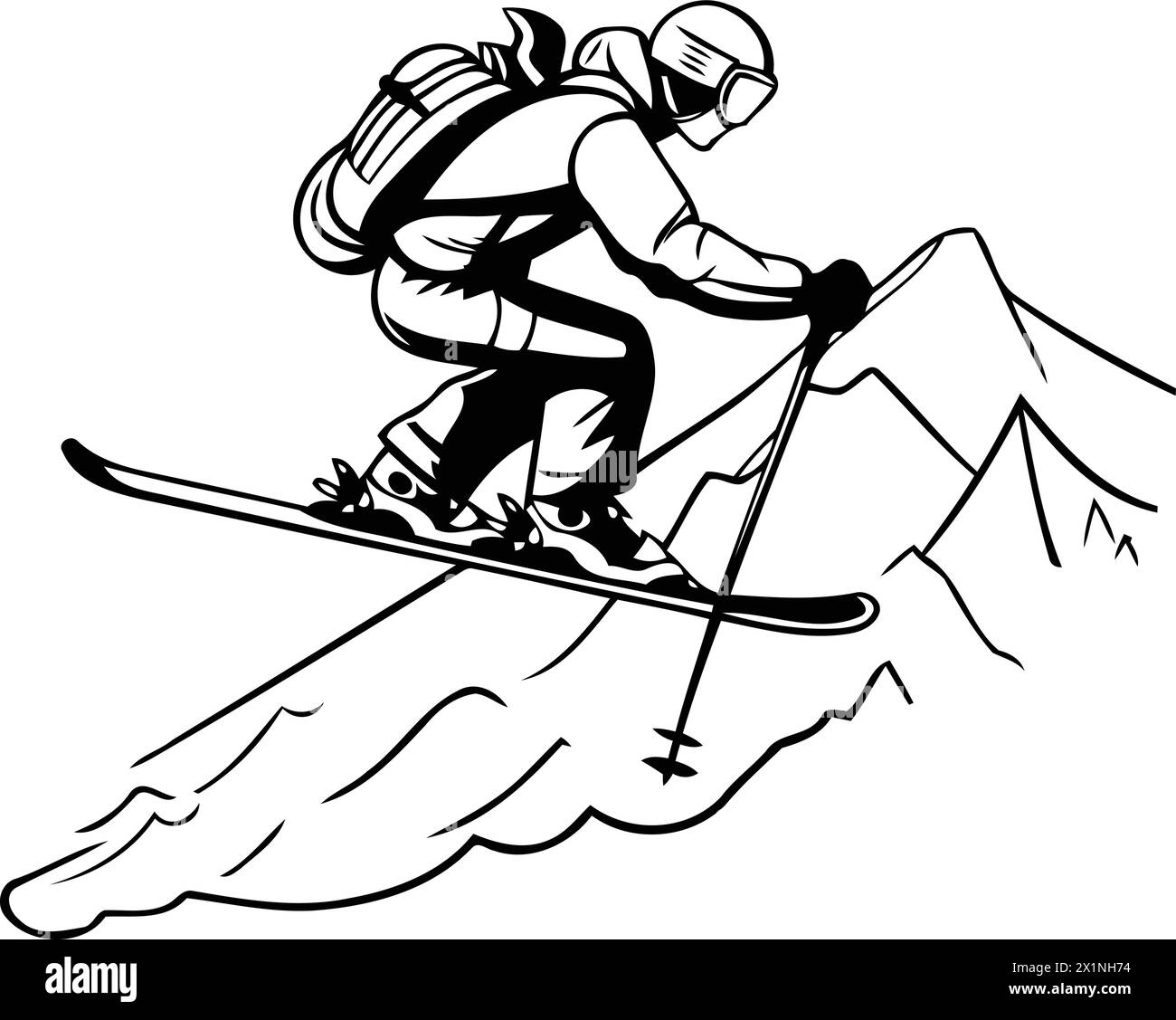 Illustration vectorielle de skieur dans le casque et casque ski en bas de la montagne. Illustration de Vecteur