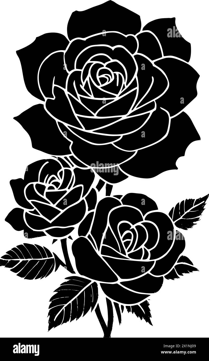 dessin graphique noir d'une fleur de rose avec des feuilles, monochrome, élément décoratif Banque D'Images