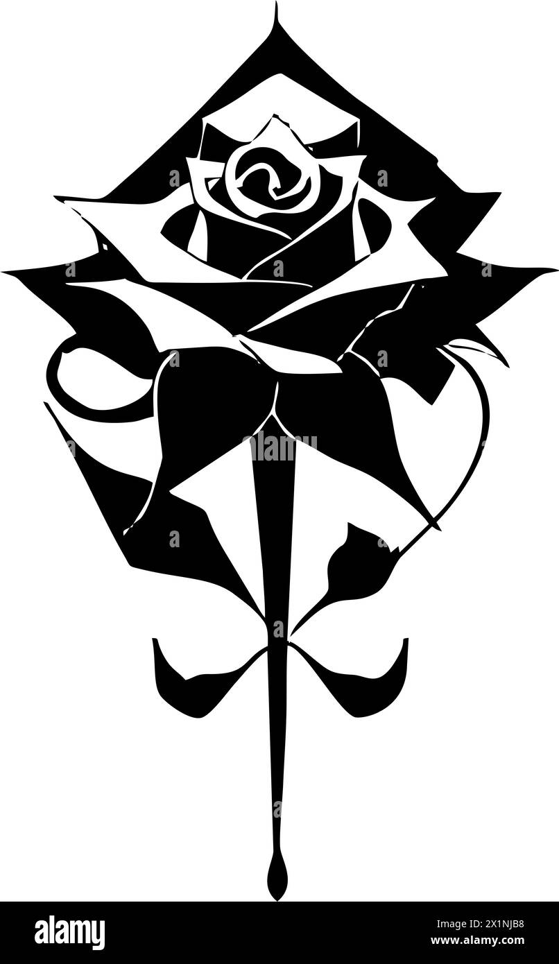 dessin graphique noir d'une fleur de rose avec des feuilles, monochrome, élément décoratif Banque D'Images