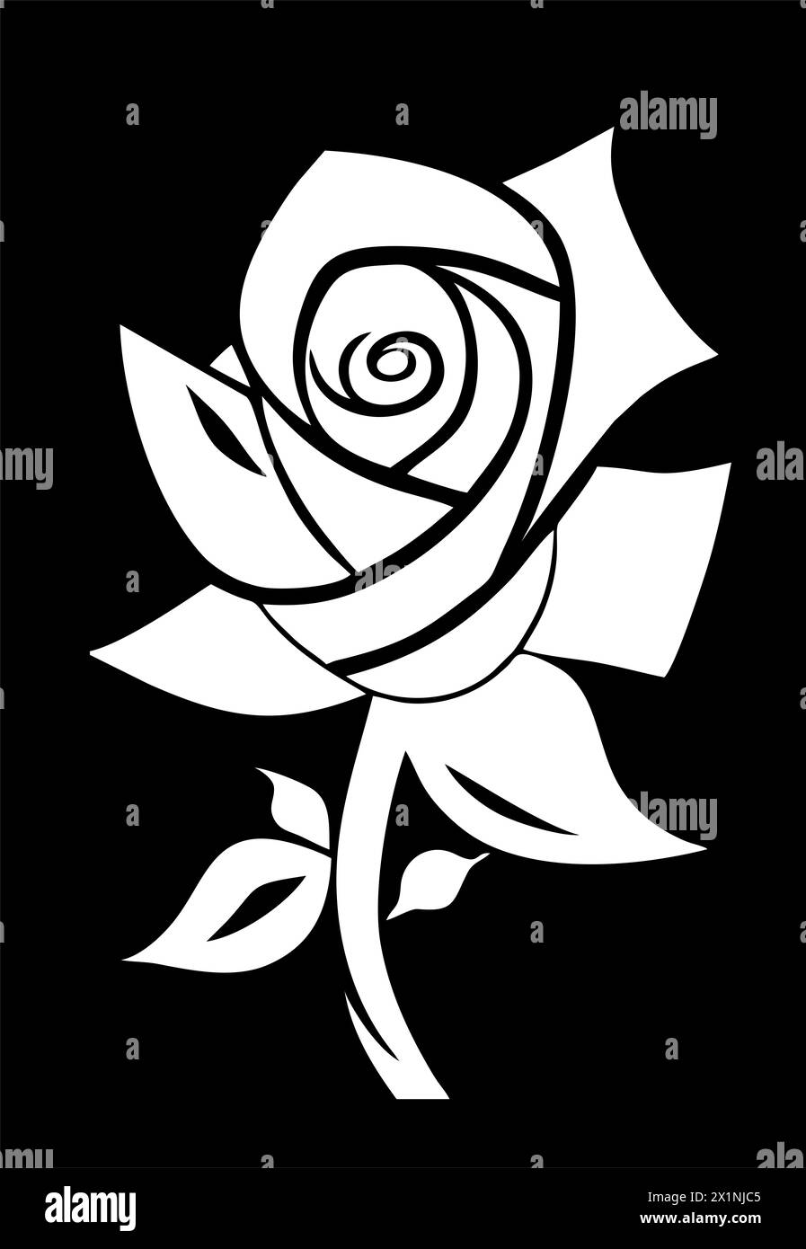 dessin graphique blanc d'une fleur de rose avec des feuilles sur un fond noir, logo Banque D'Images