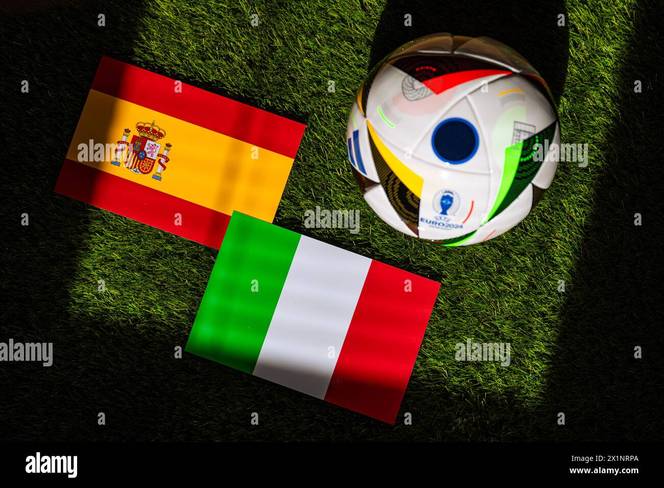 LEIPZIG, ALLEMAGNE, 17 AVRIL 2024 : Espagne vs Italie, Euro 2024 Groupe B match de football à l'Arena AufSchalke, Gelsenkirchen, 20 juin 2024, ballon officiel Banque D'Images