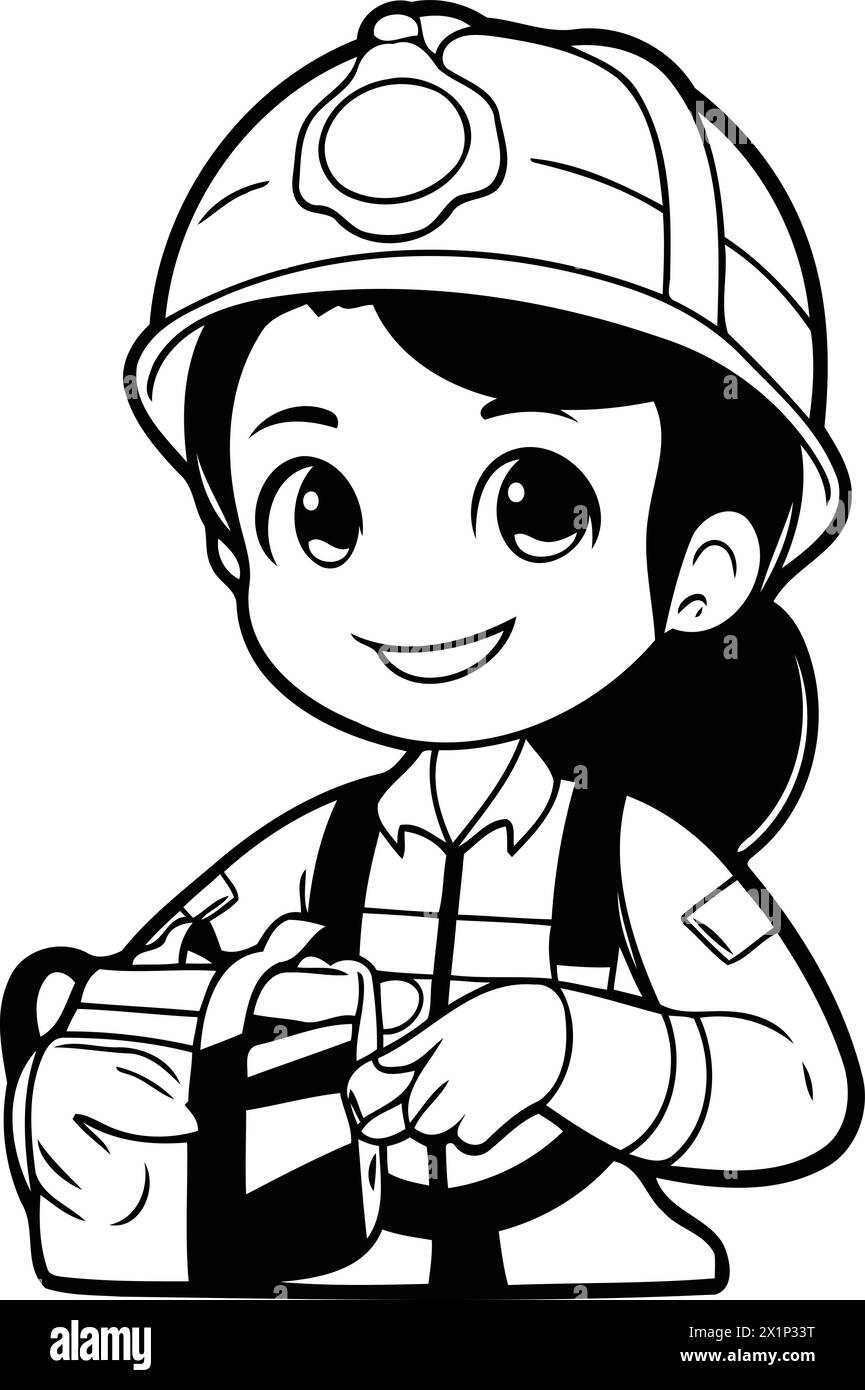 Pompier de dessin animé mignon tenant un extincteur. Illustration vectorielle. Illustration de Vecteur