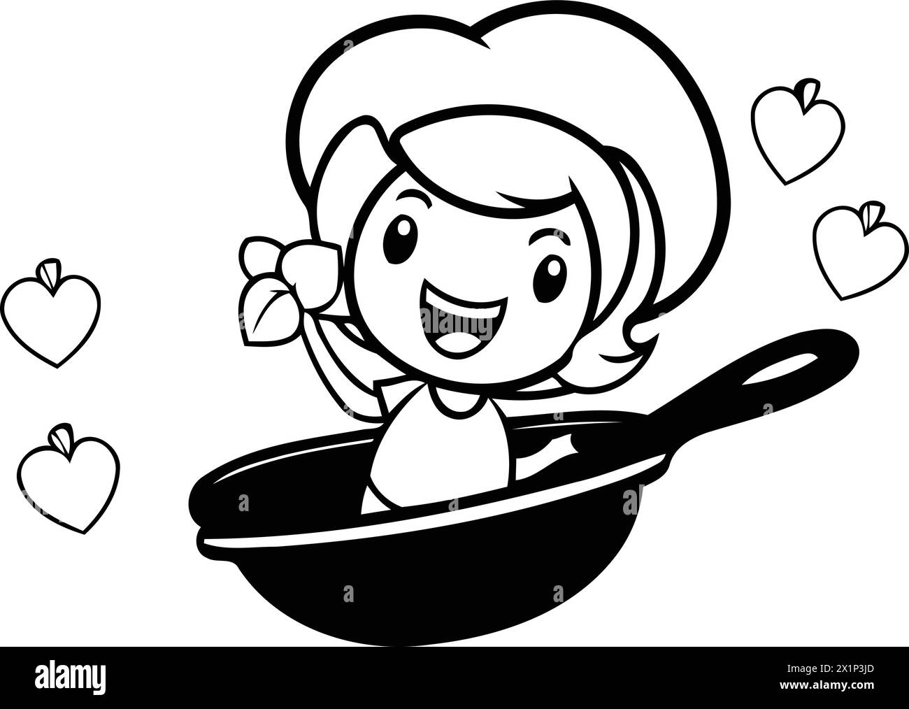 Fille de cuisine de dessin animé dans une casserole avec des coeurs. Illustration vectorielle. Illustration de Vecteur