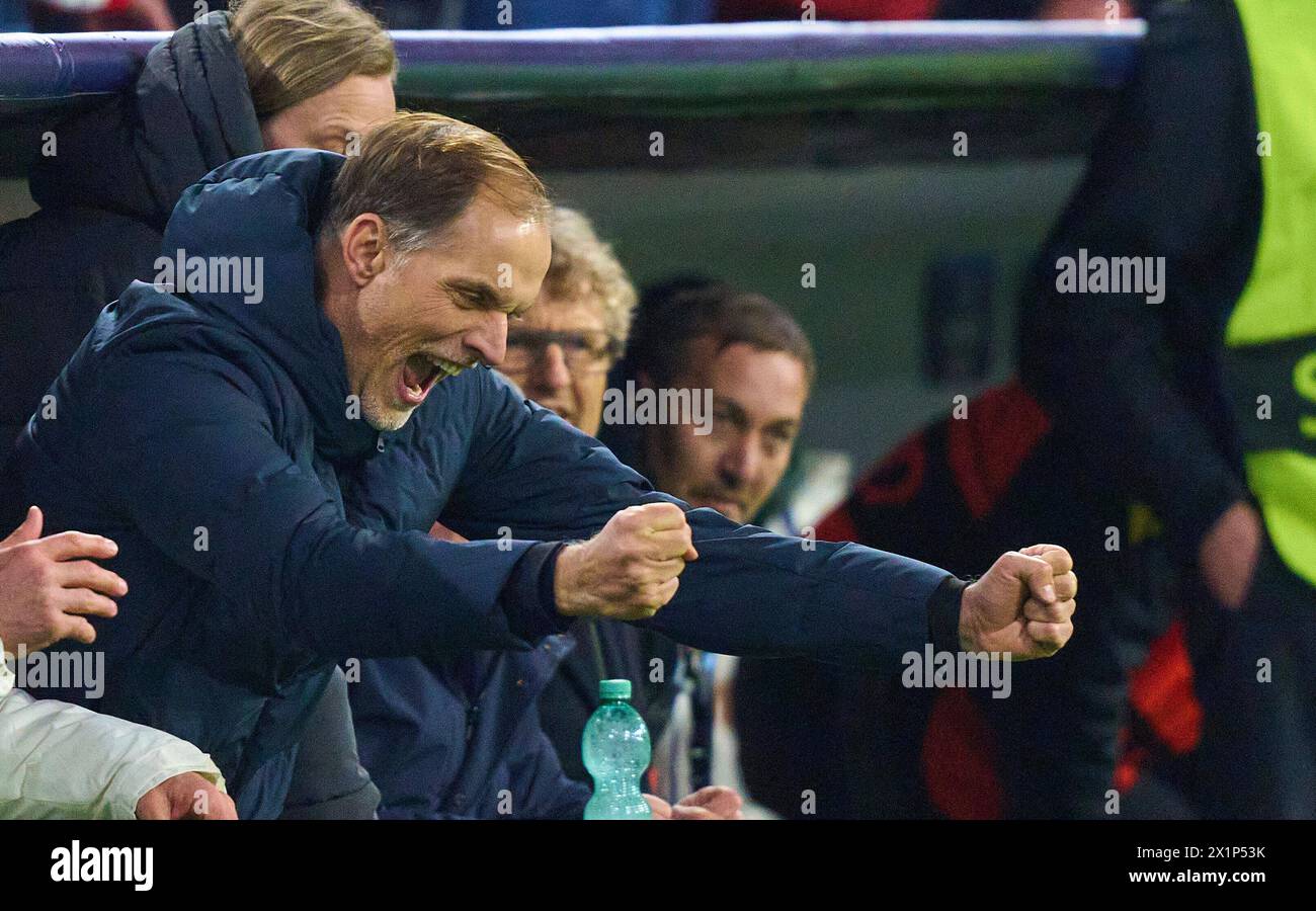 L'entraîneur Thomas Tuchel (FCB), manager de l'équipe, entraîneur, entraîneur, célèbre lors de la finale après le match quart de finale FC BAYERN MUENCHEN - FC ARSENAL LONDRES de football Ligue des champions DE l'UEFA dans la saison 2023/2024 à Munich, le 17 avril 2024. Viertelfinale,, FCB, Muenchen photographe : ddp images / star-images Banque D'Images