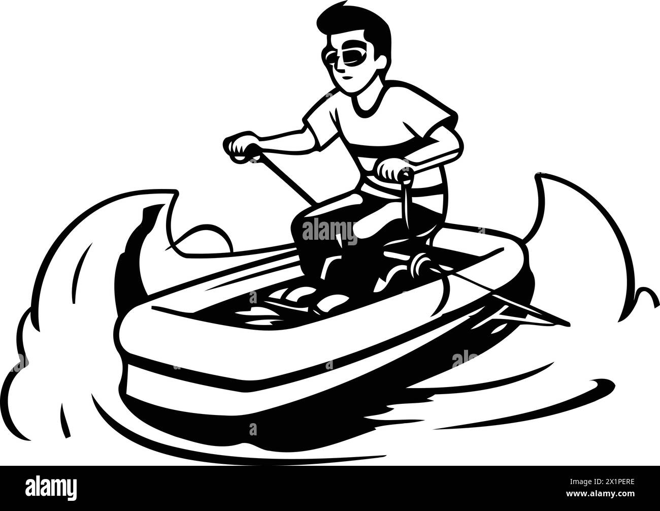 Homme chevauchant un bateau sur les vagues. Illustration vectorielle dans le style de dessin animé. Illustration de Vecteur