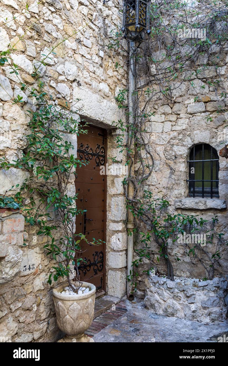 vieilles rues piétonnes, portes, fenêtres et murs de pierre d'Èze, Rue de la Pise, Èze, France, des plantes poussant sur les murs. Banque D'Images